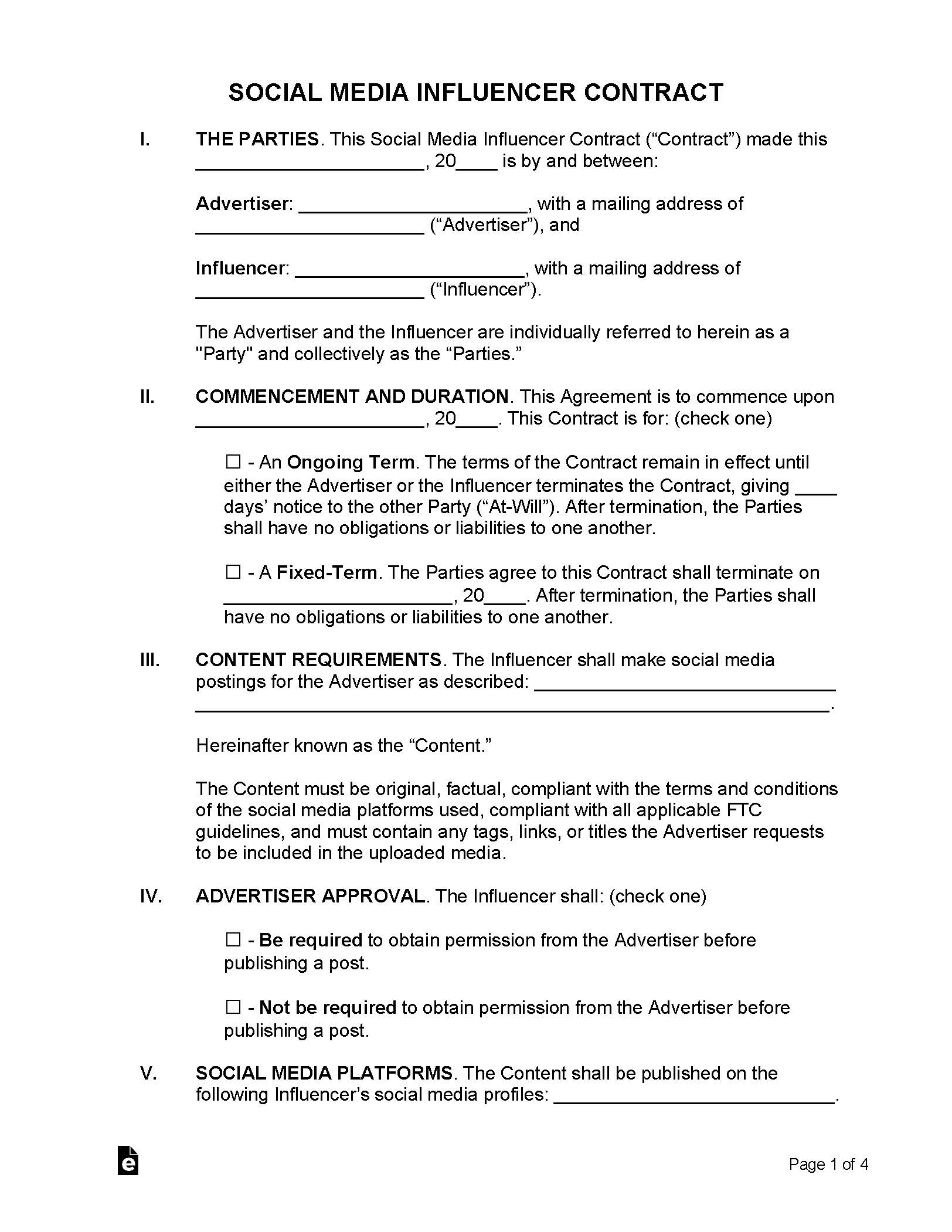 Social Media Influencer Contract Page 1